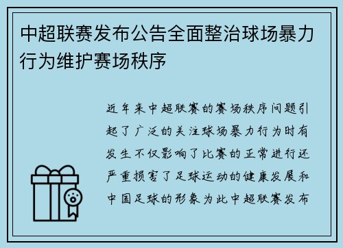 中超联赛发布公告全面整治球场暴力行为维护赛场秩序
